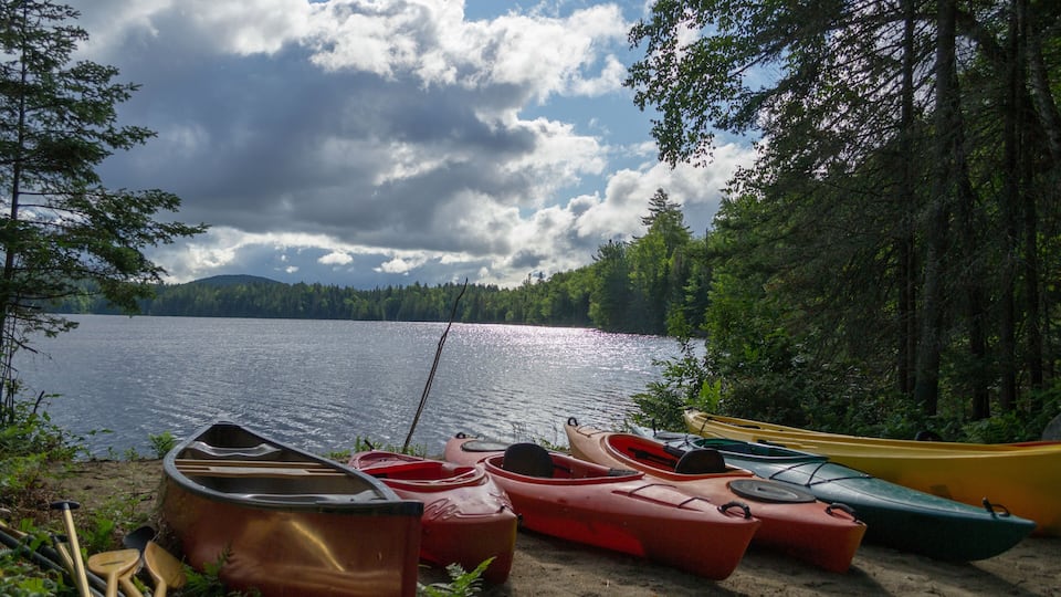 A lakeside with canoes and kayaks on the shore, surrounded by trees and a cloudy sky.