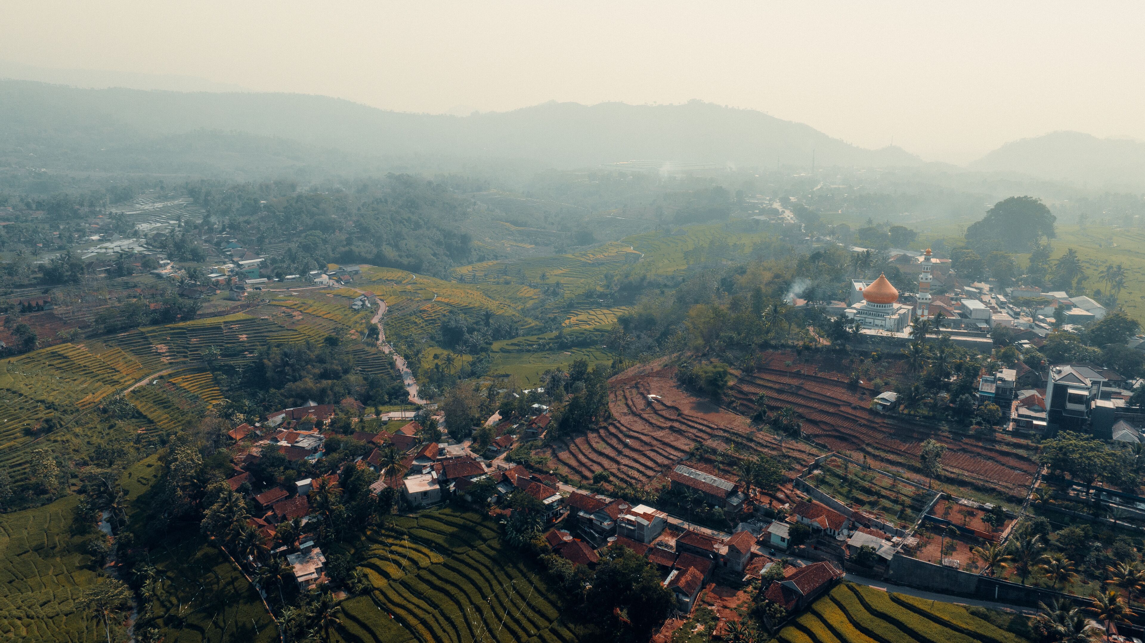 Terraced rice fields, a village with traditional houses, and a prominent temple with a golden dome.