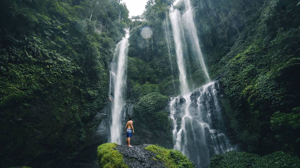 A waterfall in a lush green forest with a person standing on a rock.