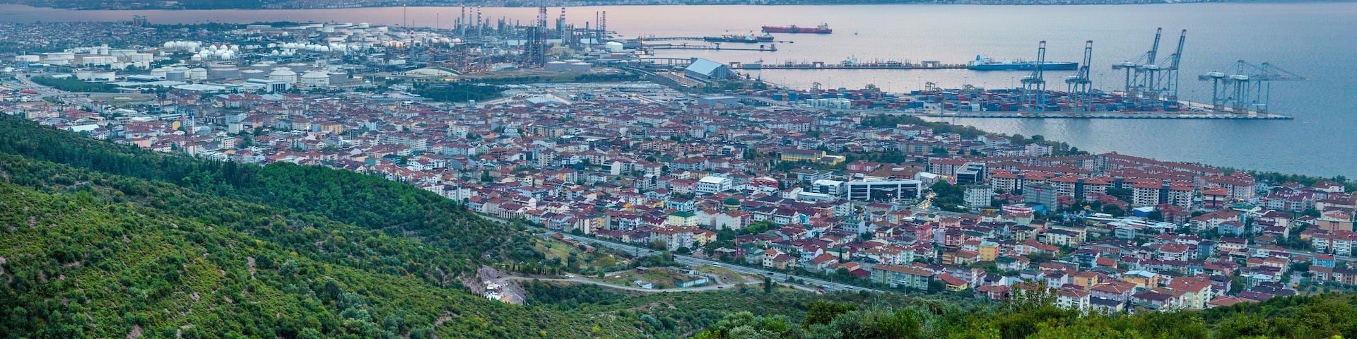 Wide angle panoramic view of Kocaeli city. Kocaeli Province is located at the easternmost end of the Marmara Sea around the Gulf of Izmit.