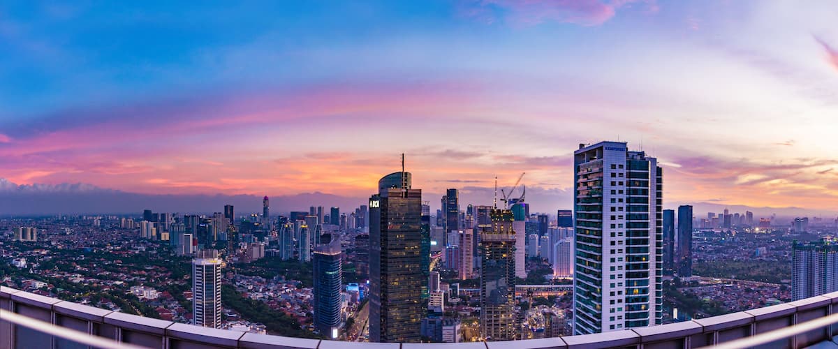 Jakarta, Indonesia - 20 Dec 2018: Aerial view of Jakarta's Central Business District (Sudirman and Kuningan) at sunset. Central Jakarta cityscape (Menteng Subdistrict).