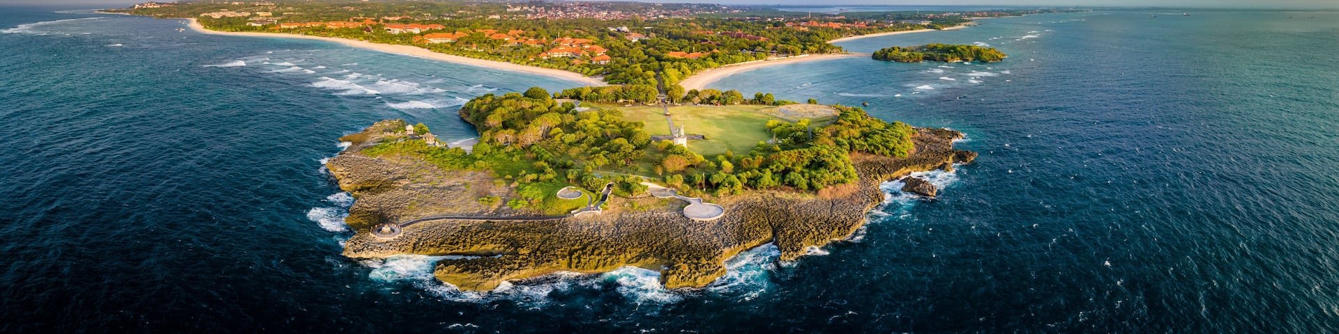 Aerial view of Nusa Dua Beach in Bali Indonesia with peninsula island