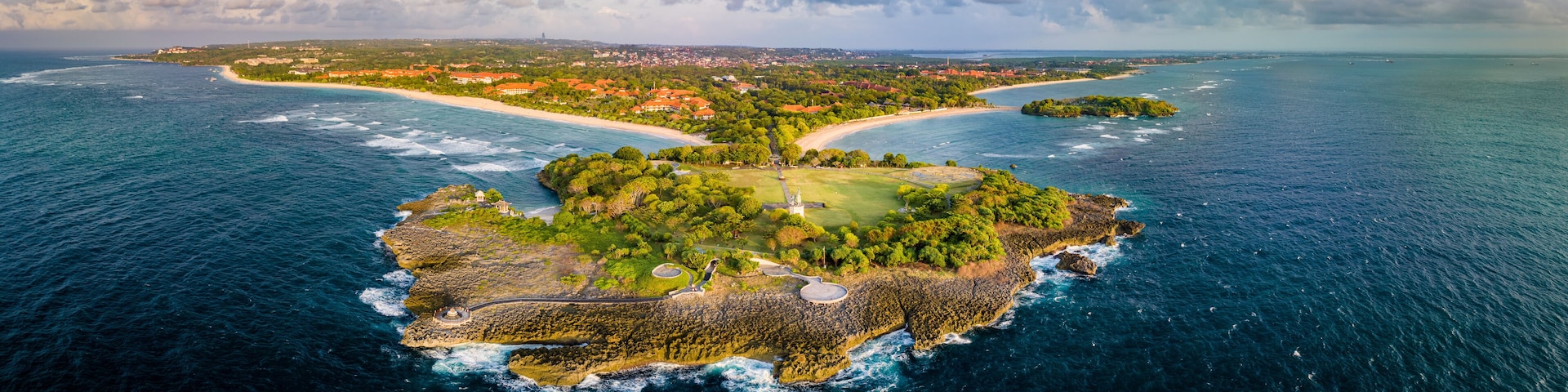 Aerial view of Nusa Dua Beach in Bali Indonesia with peninsula island