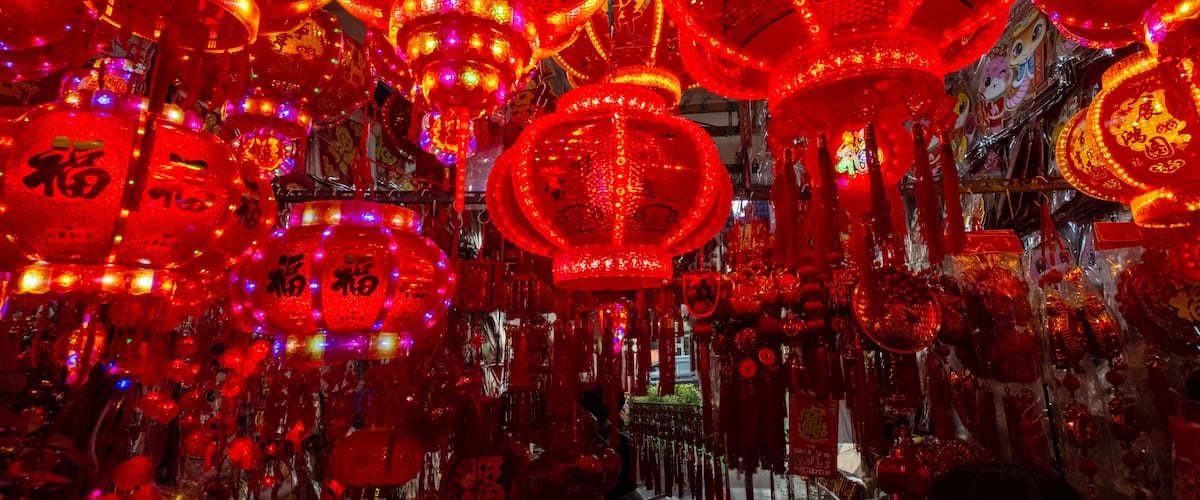 Red lanterns and various decorations sold in chinese market in Glodok, Jakarta, Indonesia for lunar new year