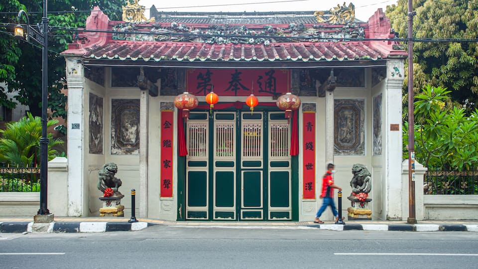 Gate and entrance of Tjong A Fie Mansion, a heritage building and popular tourist destination in Medan City. Exotic old oriental style house.