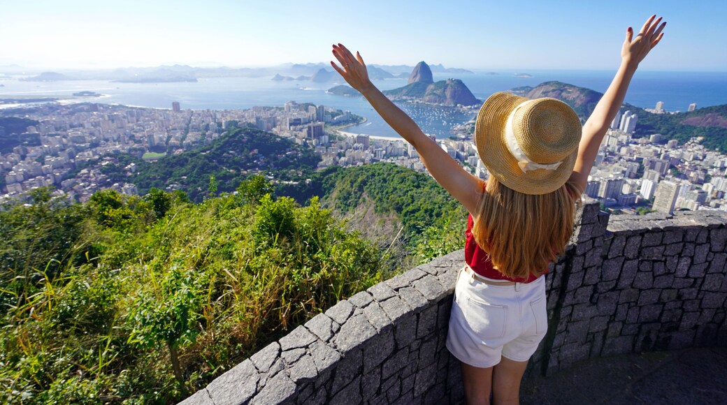Aerial view of happy young tourist woman with raising arms on belvedere terrace with Guanabara Bay in Rio de Janeiro, Brazil