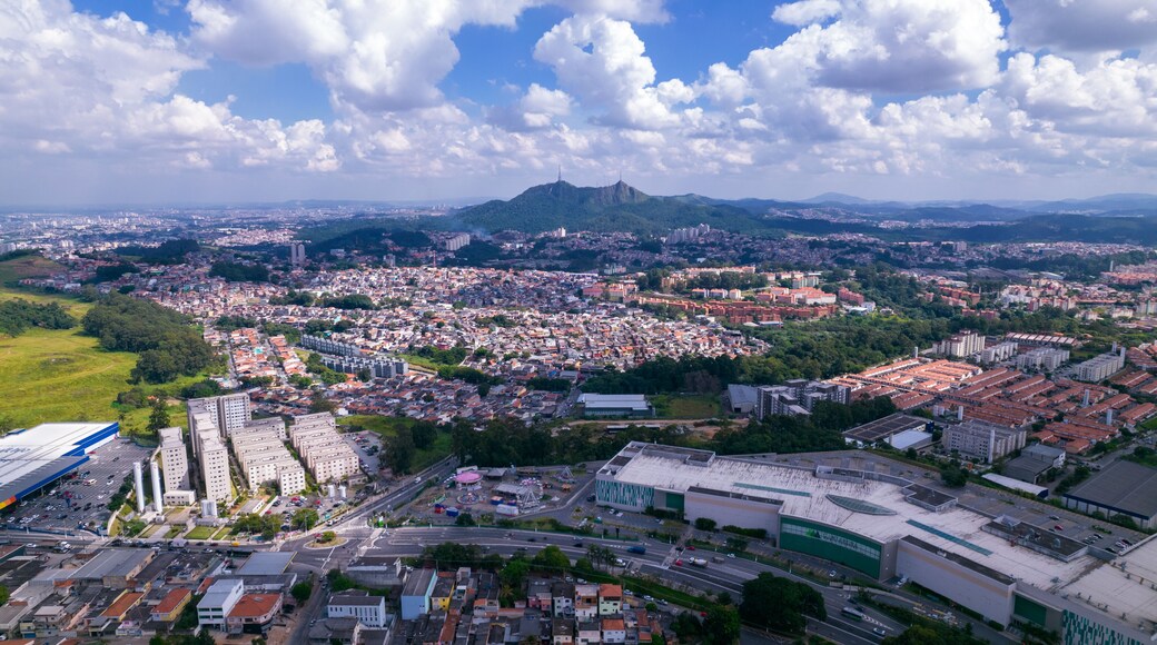Aerial view of the Pirituba neighborhood in Sao Paulo, Brazil. Pico do Jaraguá in the background.