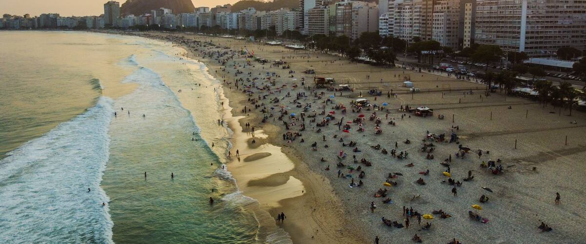 Visão aérea da orla da praia de copacabana no rio de janeiro em um por do sol de 2024