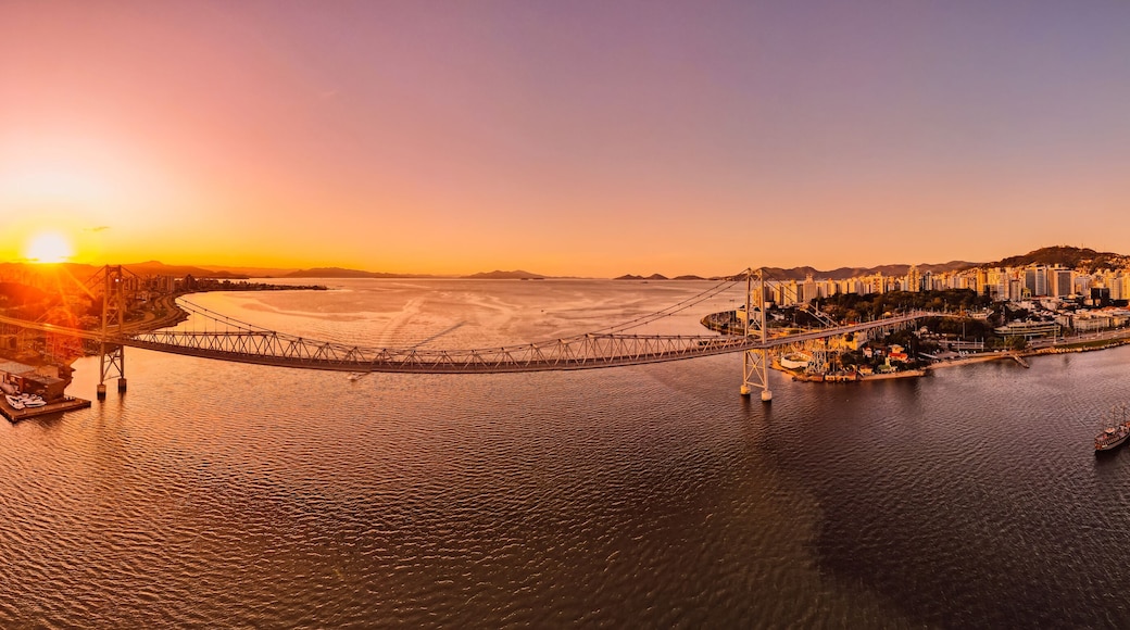 Panoramic view of Hercilio luz cable bridge with sunset light in Florianopolis, Brazil