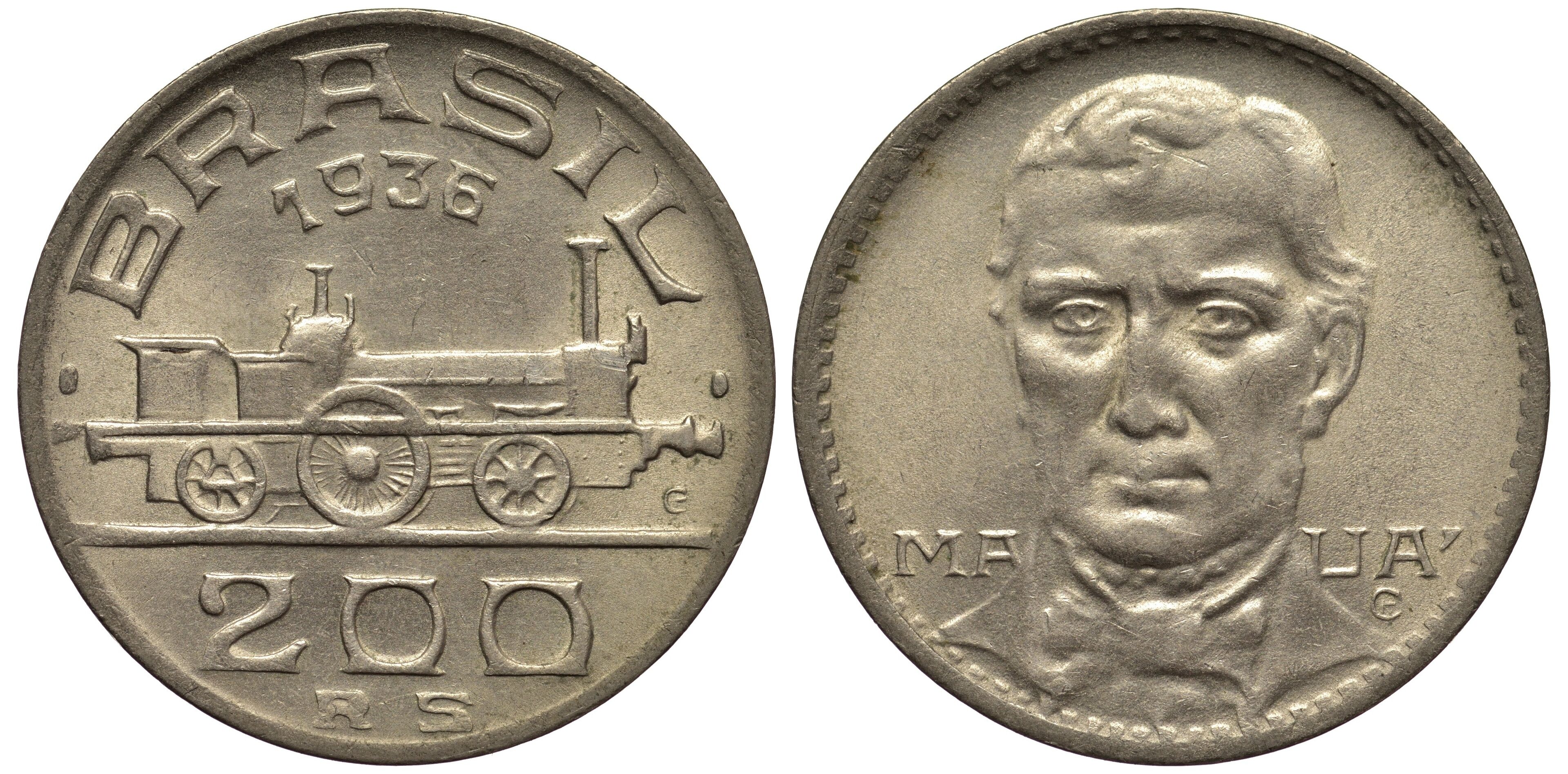 A coin with the inscription "BRASIL 1936" and "200" on one side, and a profile of a person on the other.