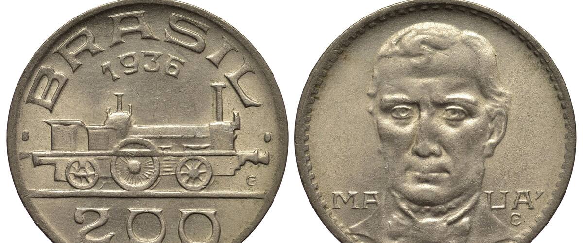 A coin with the inscription "BRASIL 1936" and "200" on one side, and a profile of a person on the other.