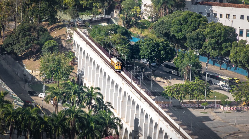 Aerial view of Arcos da Lapa Arches and Santa Teresa Tram - Rio de Janeiro, Brazil