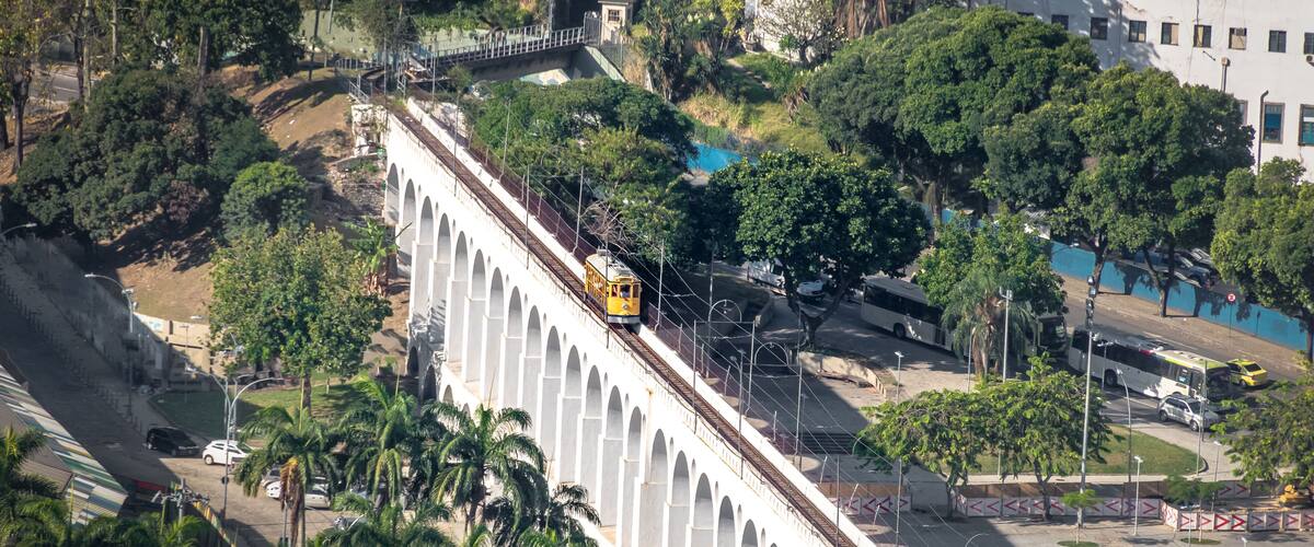 Aerial view of Arcos da Lapa Arches and Santa Teresa Tram - Rio de Janeiro, Brazil