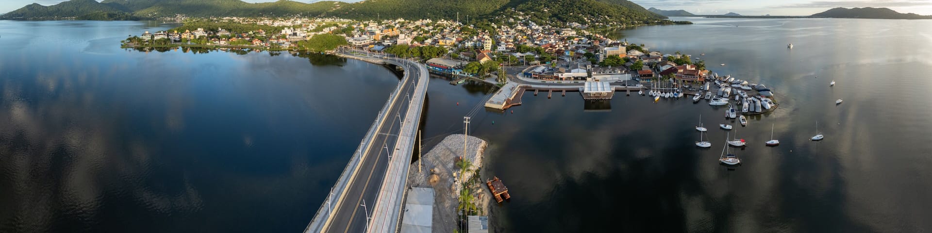 Aerial panorama of the town of Lagoa da Conceicao. Florianopolis, Brazil