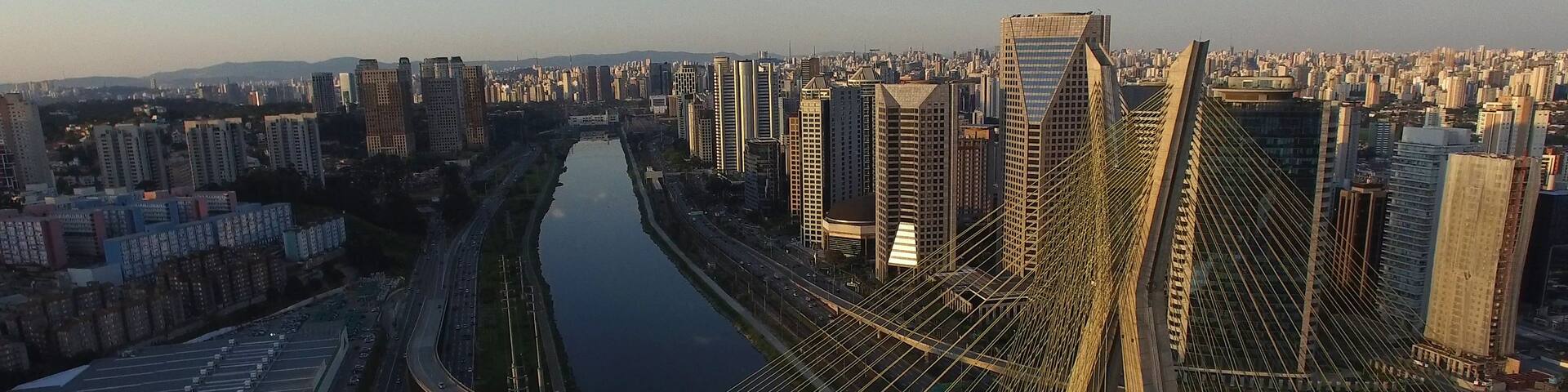 A cityscape with a prominent cable-stayed bridge, a river, and high-rise buildings.