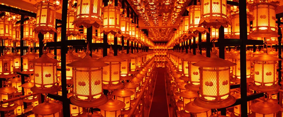 A corridor lined with numerous traditional lanterns, creating a warm and inviting atmosphere.