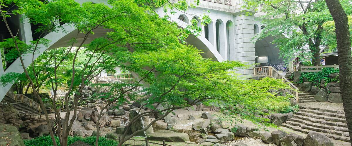A traditional Japanese garden with stone pathways, a wooden bridge, and lush greenery.