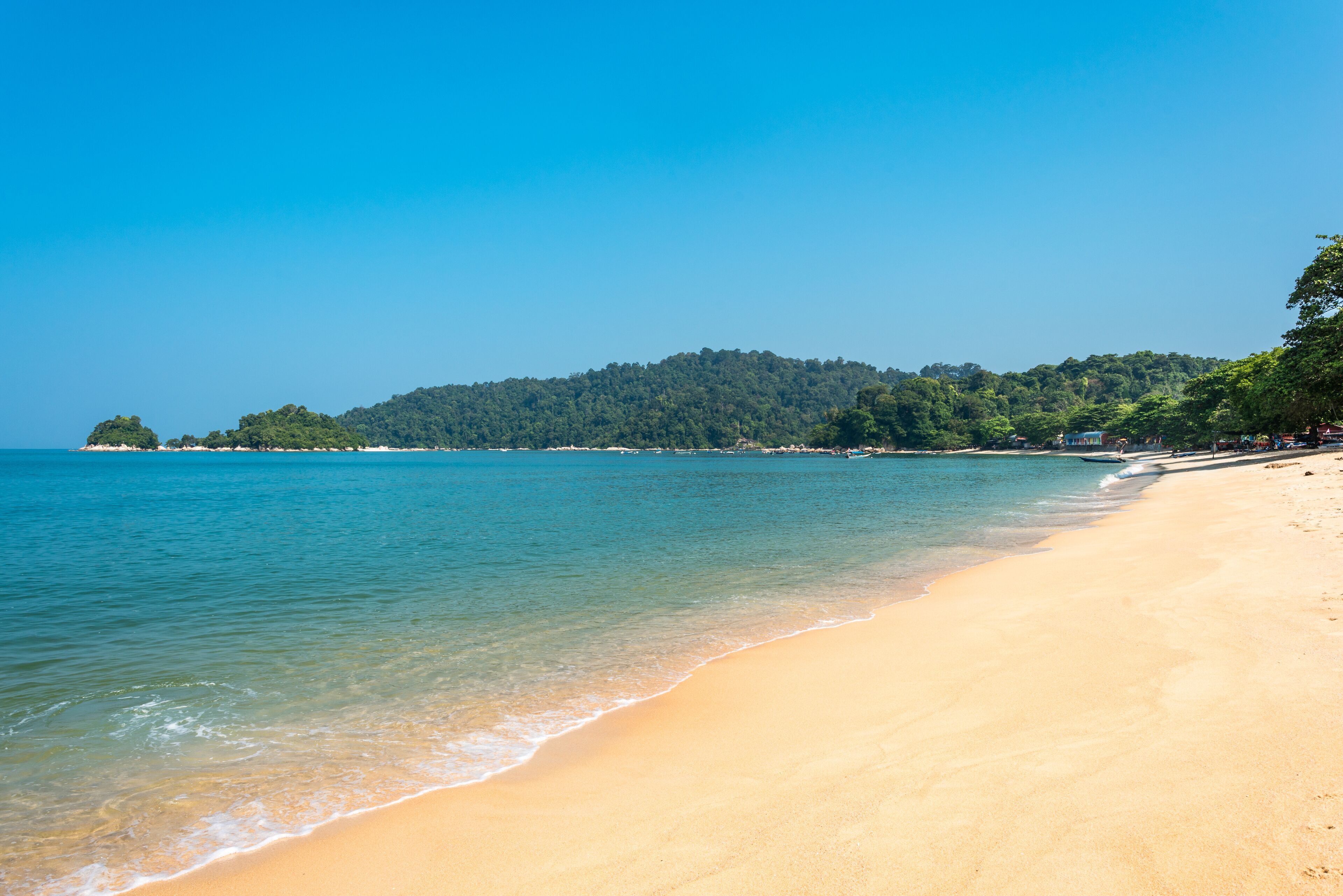 A beach with clear turquoise water, sandy shore, and a forested hill in the background.