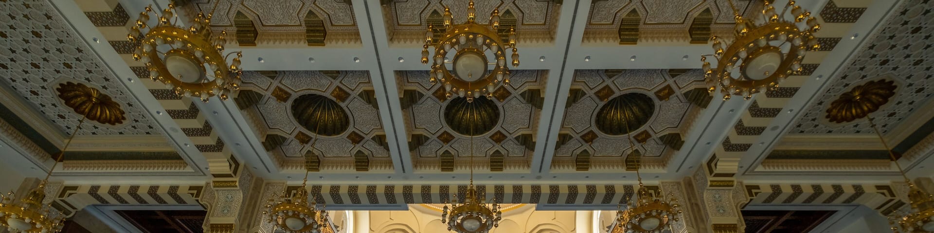Beautiful prayer hall interior view at Sri Sendayan Mosque, Seremban, Negeri Sembilan, Malaysia.