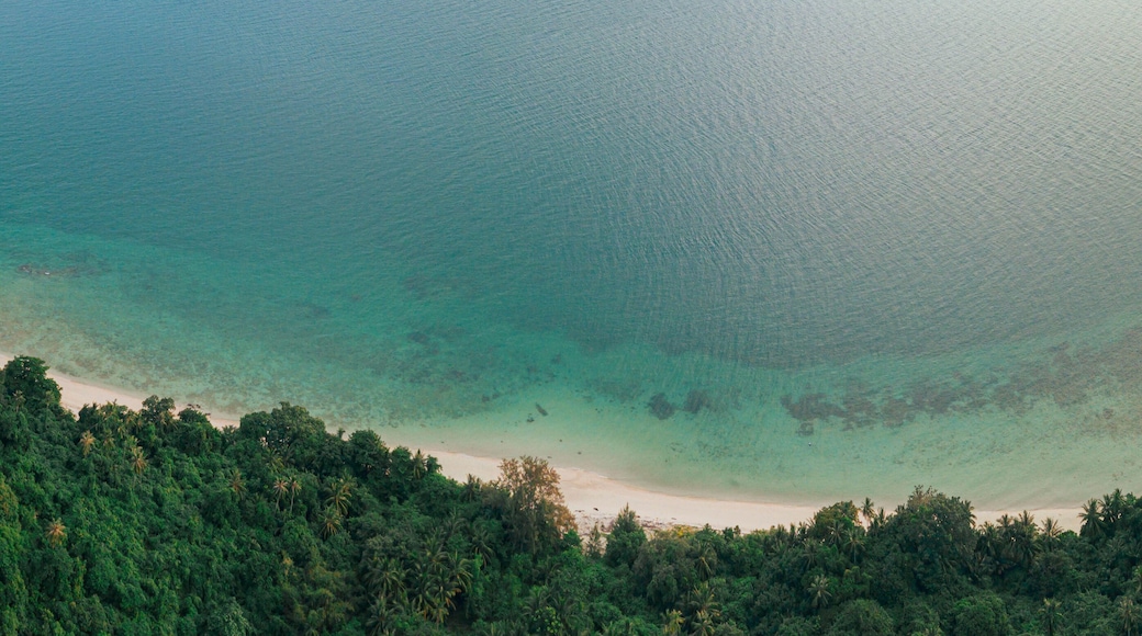 Aerial drone view of seascape scenery with at Tinggi Island or Pulau Tinggi in Mersing, Johor, Malaysia