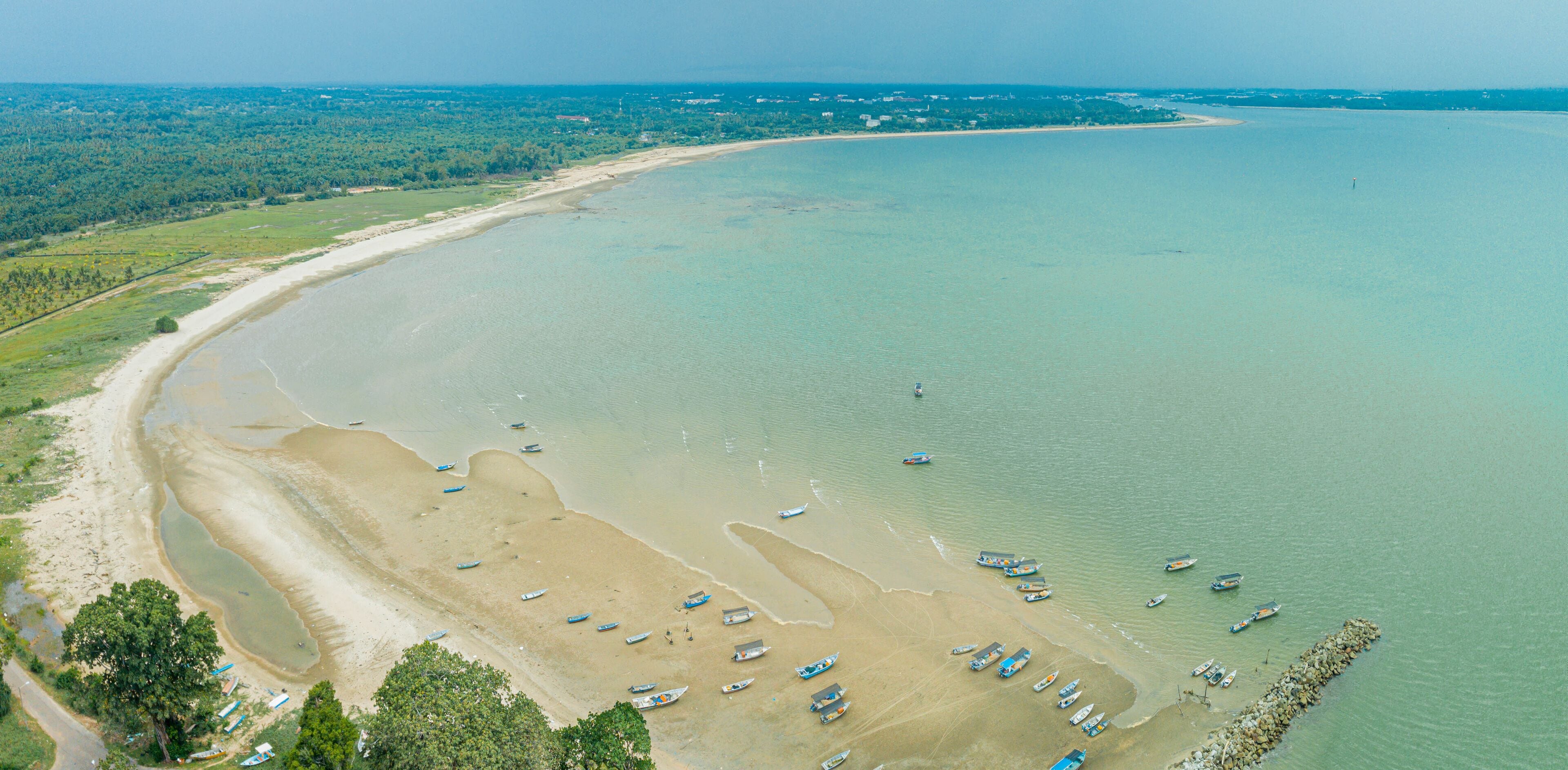 Aerial drone view of coastal scenery in Tanjung Kempit, Mersing, Johor, Malaysia.