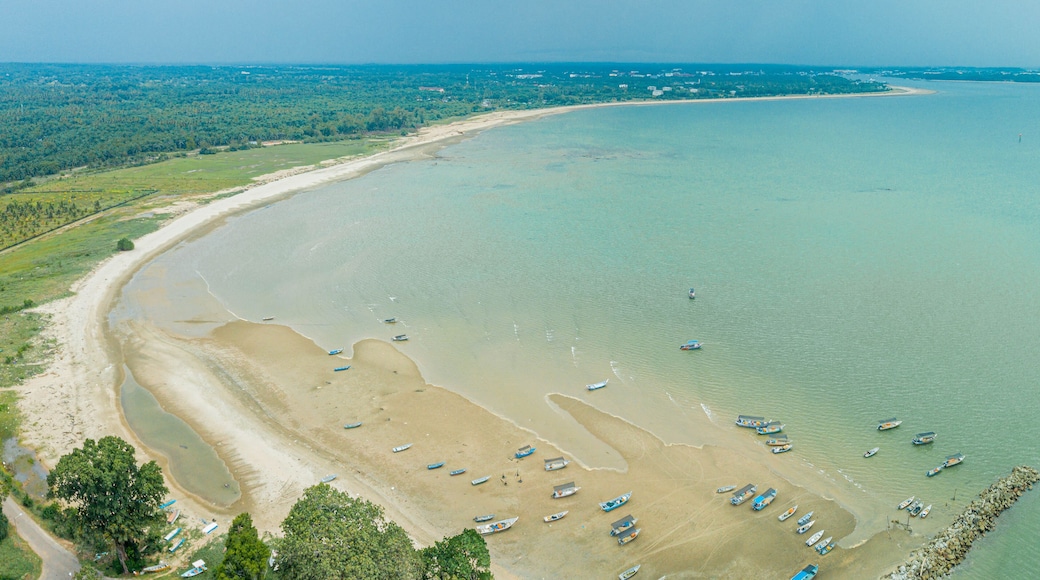 Aerial drone view of coastal scenery in Tanjung Kempit, Mersing, Johor, Malaysia.