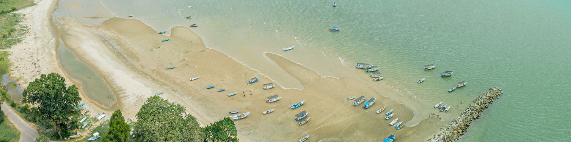 Aerial drone view of coastal scenery in Tanjung Kempit, Mersing, Johor, Malaysia.