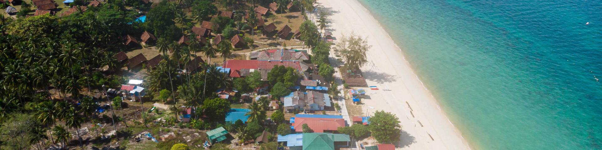 Aerial drone view of coastal scenery at Besar Island or Pulau Besar in Mersing, Johor, Malaysia