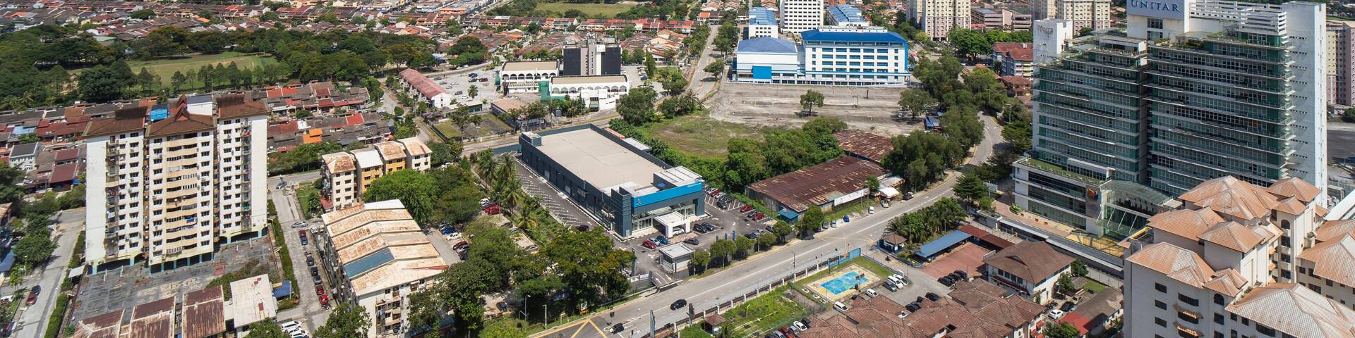 High rise view from top of city of Malaysia, blue sky, Selangor, Petaling Jaya, Kelana Jaya, UNITAR, Proton.
