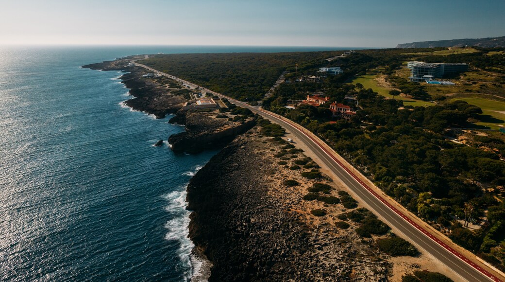 Aerial view top down view of of a straight road and rugged coastline at Guincho beach, Cascais, Portugal