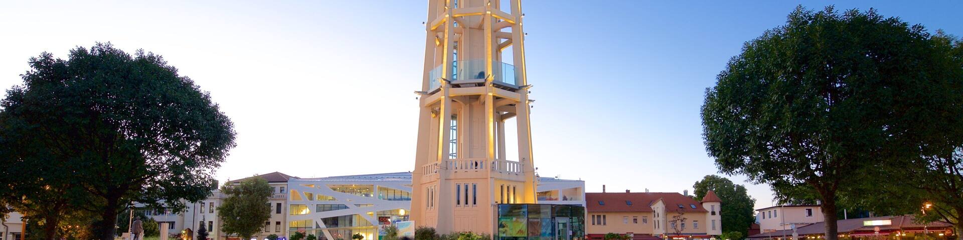 Siofok Water Tower which includes night scenes and views