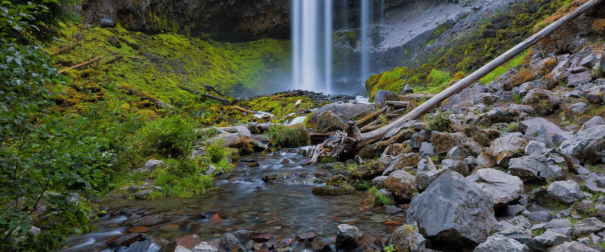 A waterfall cascading down a rocky cliff surrounded by lush greenery.