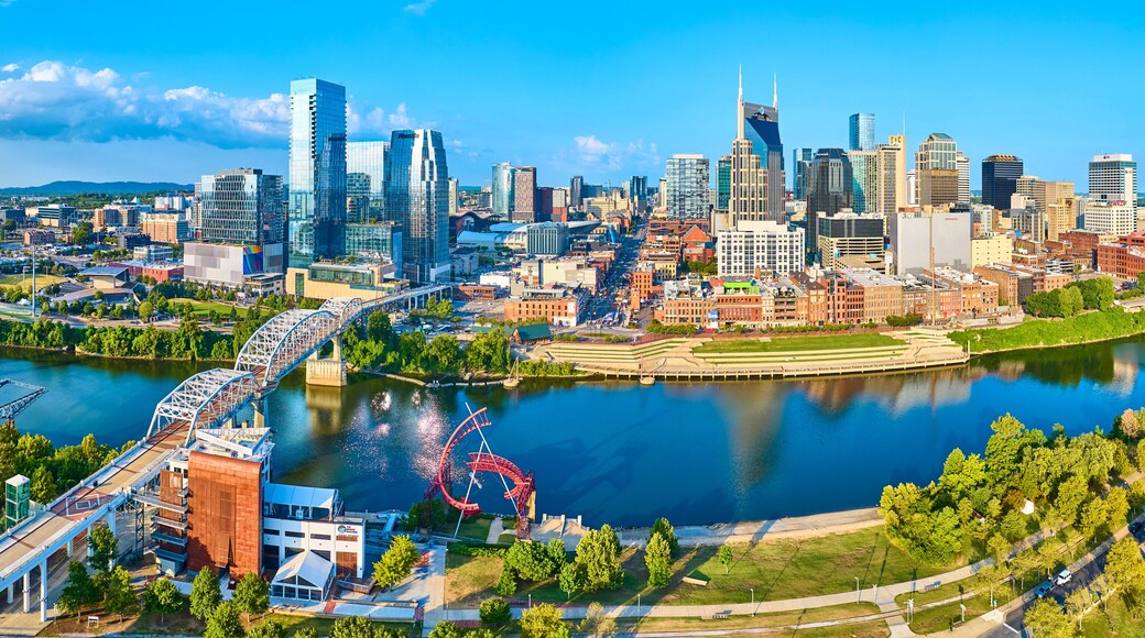 Aerial Panorama of Nashville Skyline with Pedestrian Bridge and Riverfront