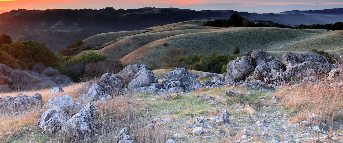 Sunset Views from Black Mountain Looking Northwest. Monte Bello Open Space Preserve, Santa Clara County, California, USA.