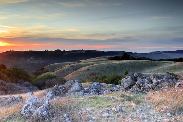 Sunset Views from Black Mountain Looking Northwest. Monte Bello Open Space Preserve, Santa Clara County, California, USA.
