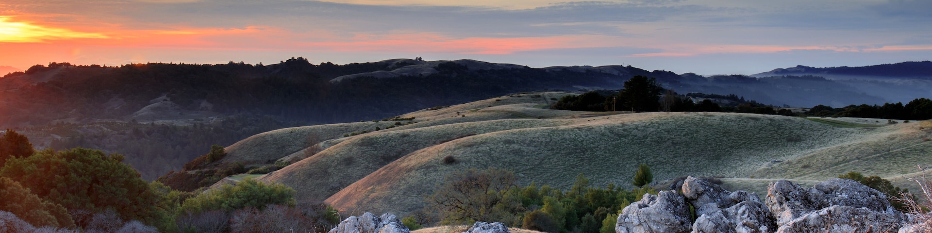 Sunset Views from Black Mountain Looking Northwest. Monte Bello Open Space Preserve, Santa Clara County, California, USA.