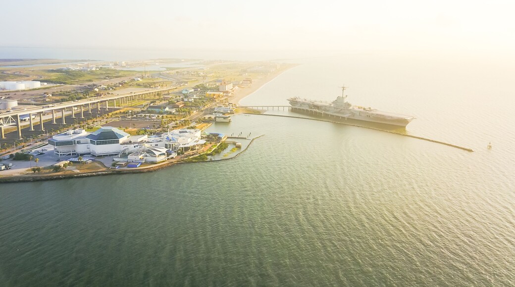 Aerial view North Beach in Corpus Christi, Texas, USA with aircraft carrier ship