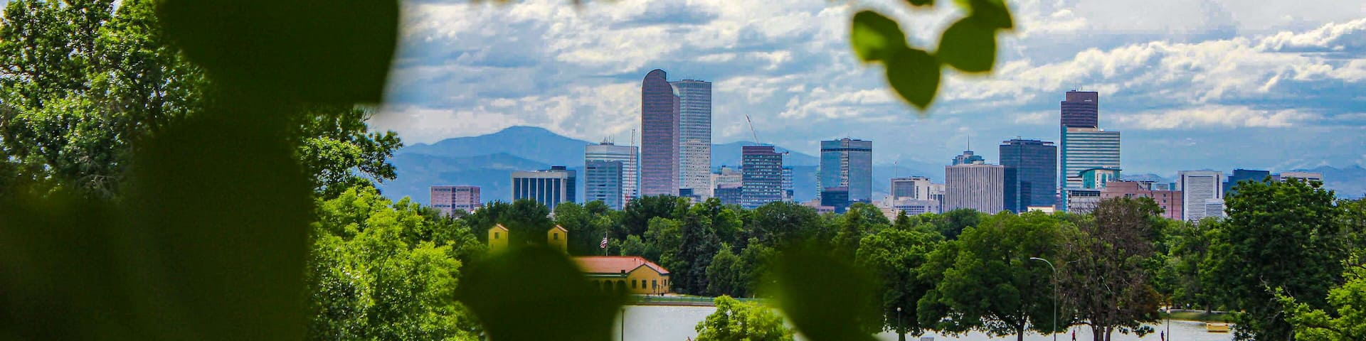 Downtown Denver Skyline Framed by Green Trees at City Park, Colorado