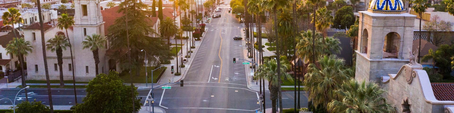 Aerial sunset view of the downtown area of Riverside, California.