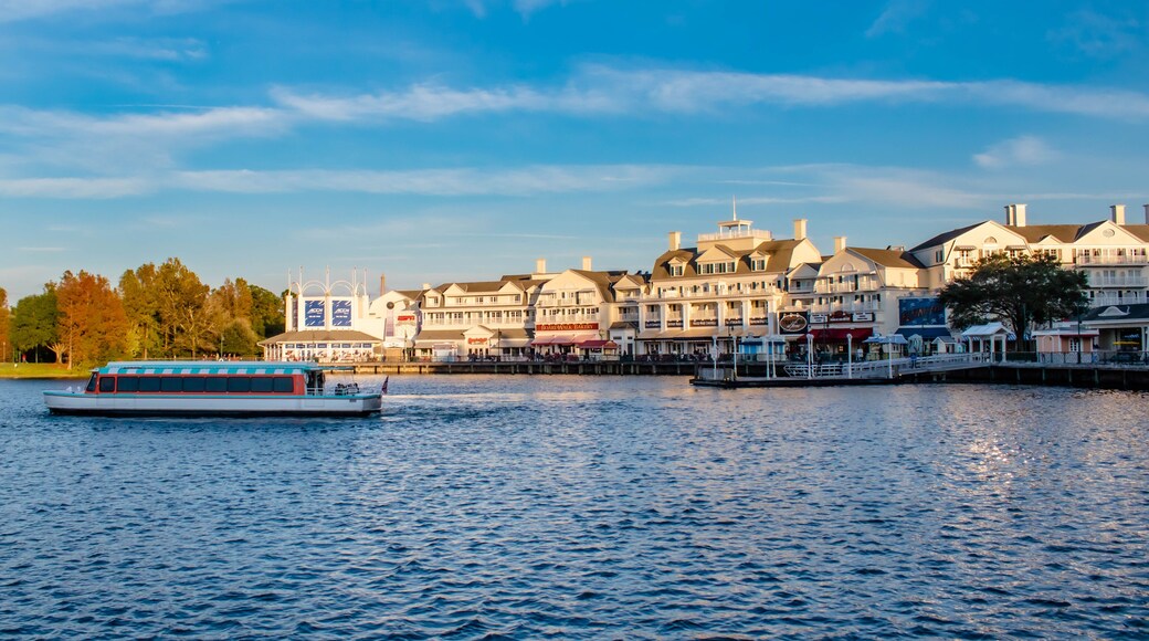 Taxiboat and dockside on sunset background at Lake Buena Vista area