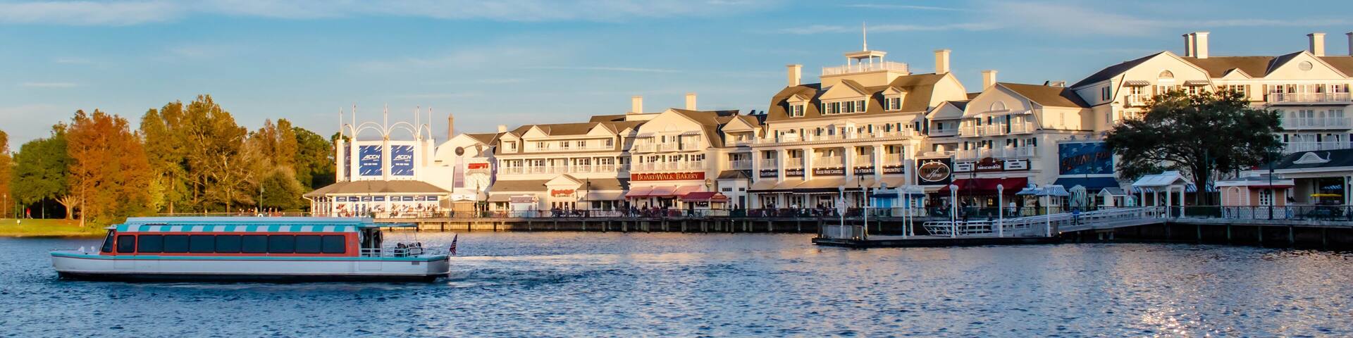 Taxiboat and dockside on sunset background at Lake Buena Vista area
