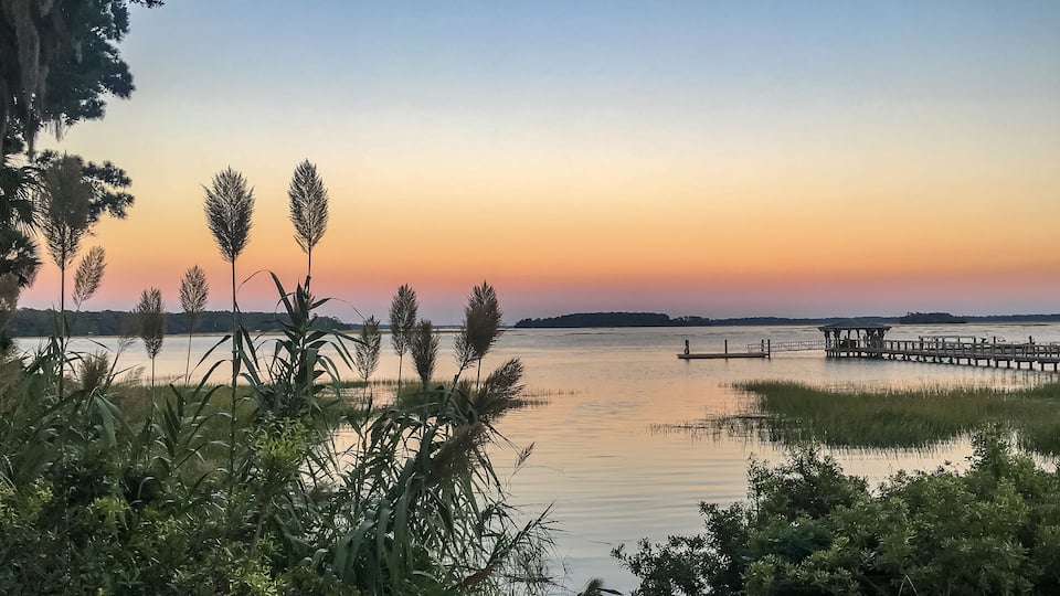 Sunset over the May River at Palmetto Bluff in Bluffton, South Carolina