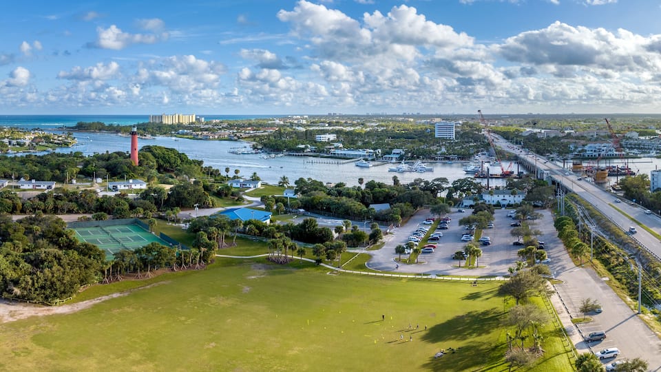 Aerial panoramic photo of Juipter, Florida, Lighthouse Park. USA. December 29, 2022.