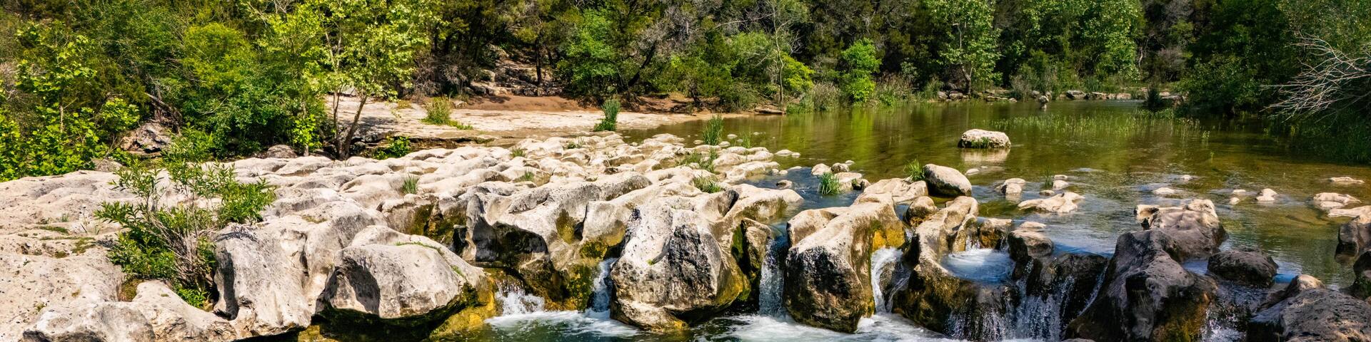 A clear stream with rocks and greenery.