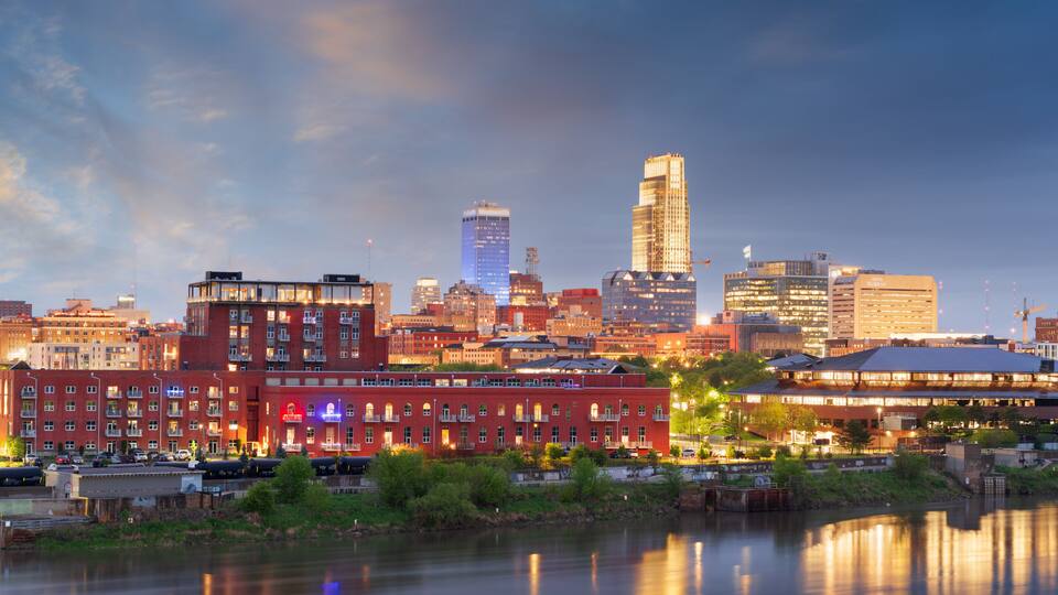 Omaha, Nebraska, USA downtown skyline on the Missouri River