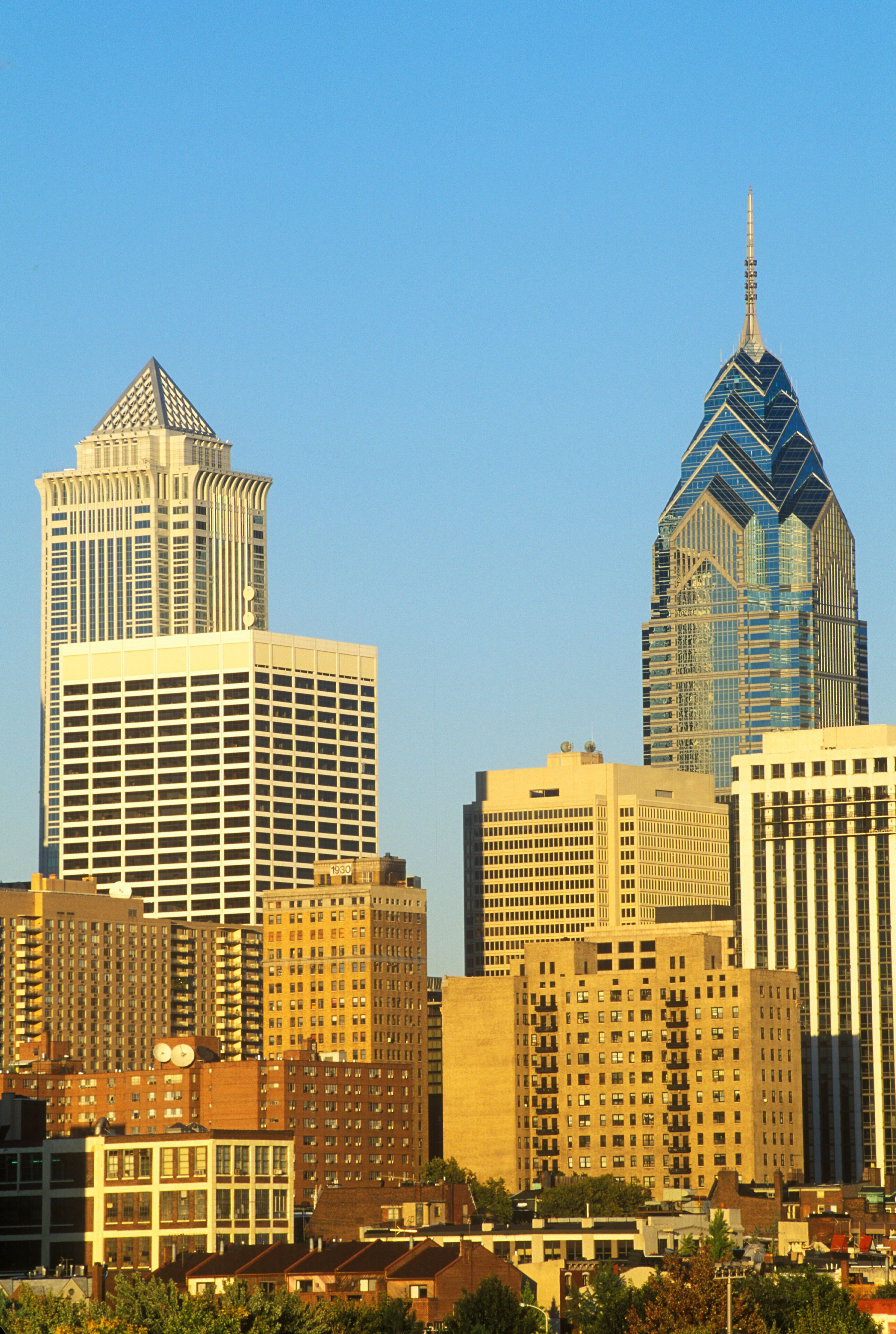 Sunset over Philadelphia skyline from the Schuylkill River, PA