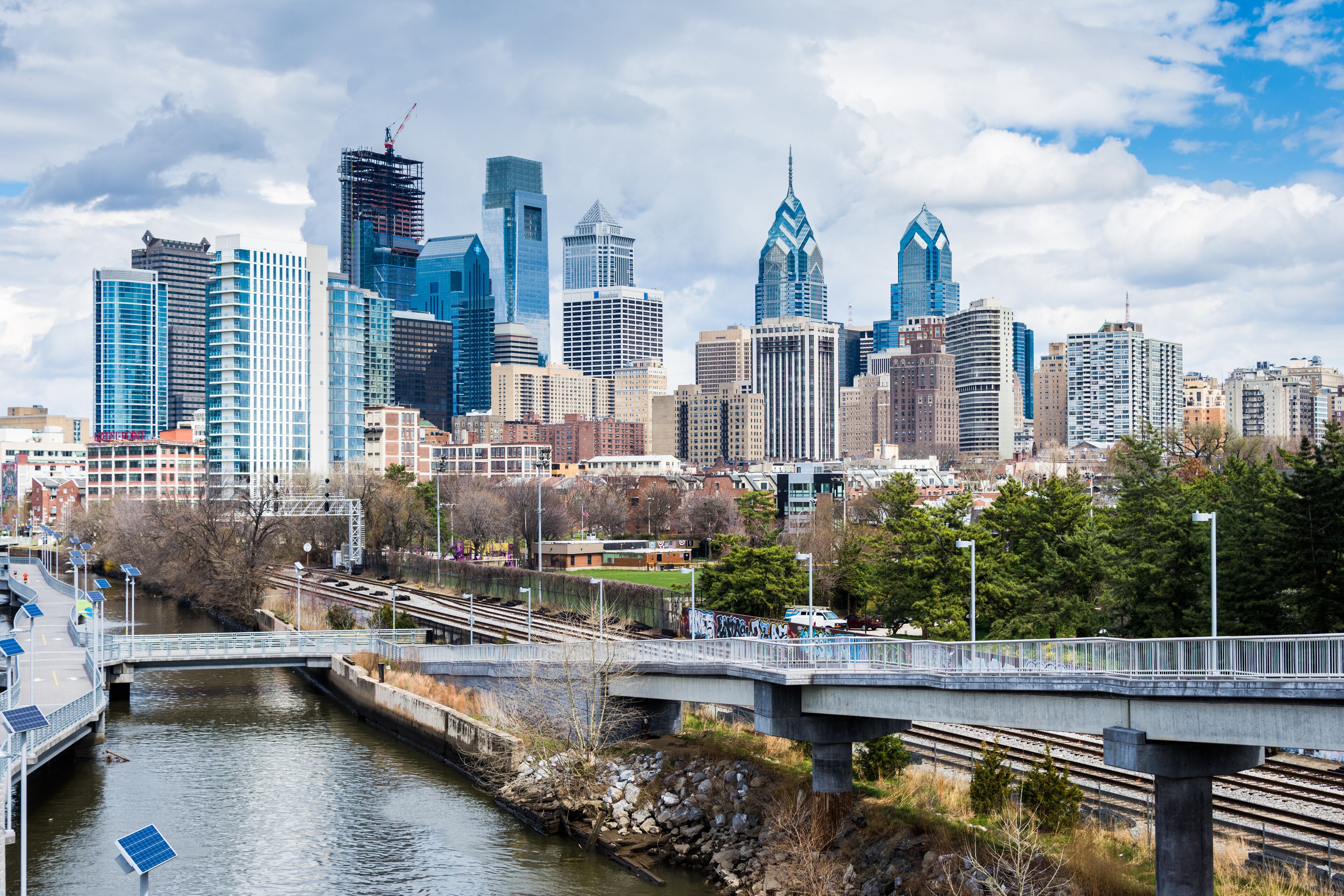 aerial from south street bridge of philadelphia pennsylvania above schulykill trail