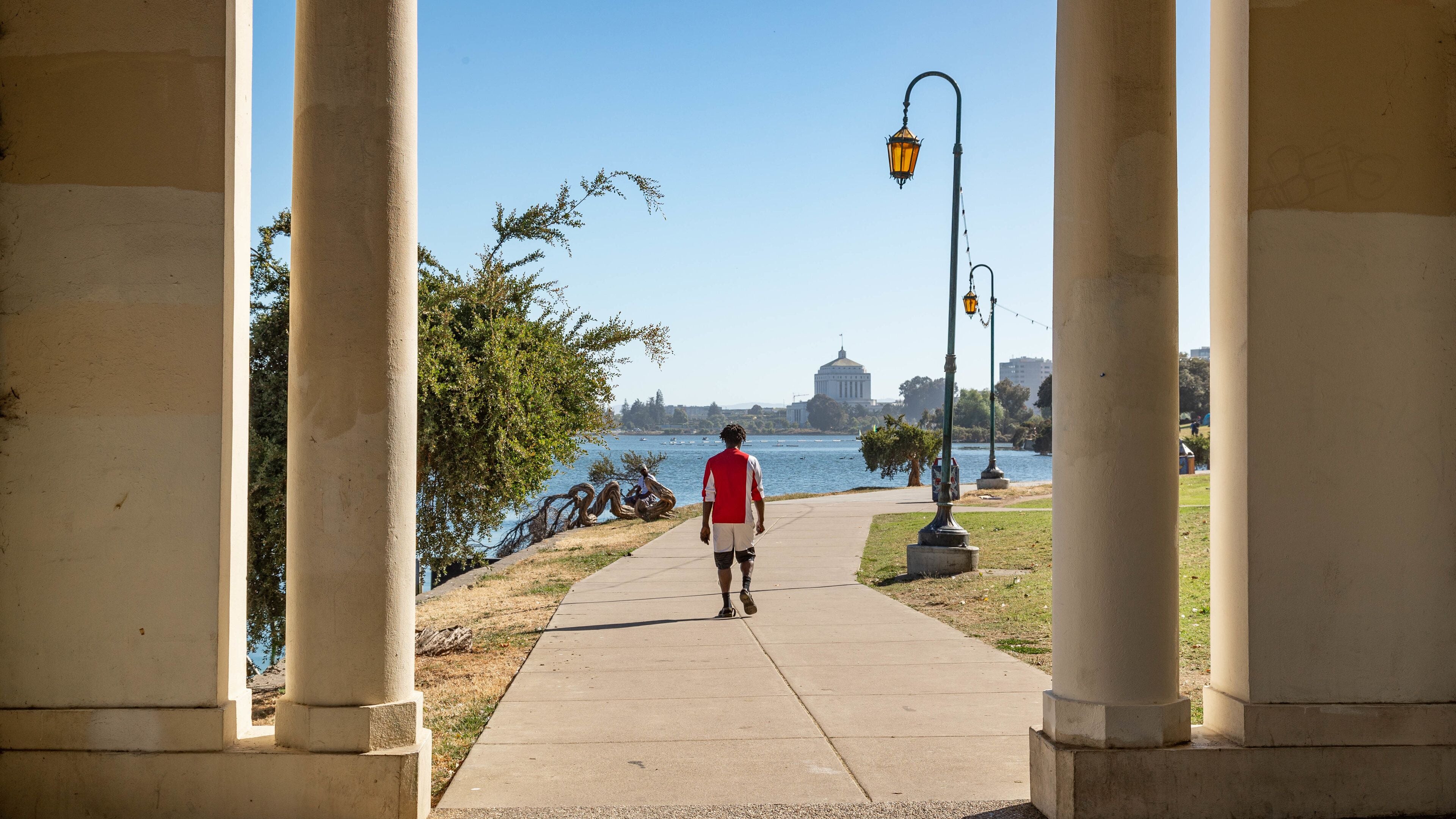 Lake Merritt showing a park as well as an individual male