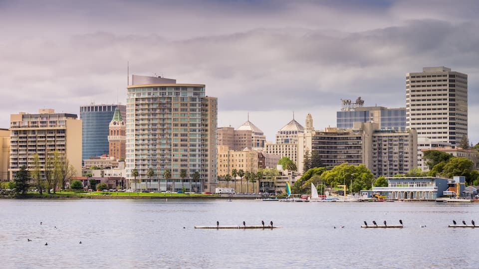 Downtown Oakland as seen from across Lake Merritt on a cloudy spring day, San Francisco bay area, California; Shutterstock ID 610521053; Purchase Order: -
