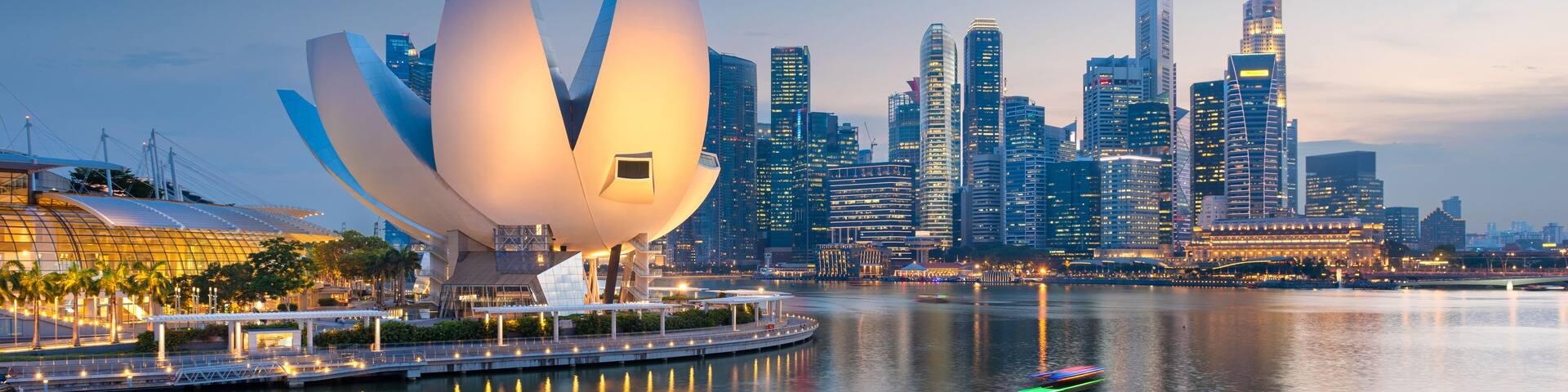 Singapore skyline at the Marina during twilight.